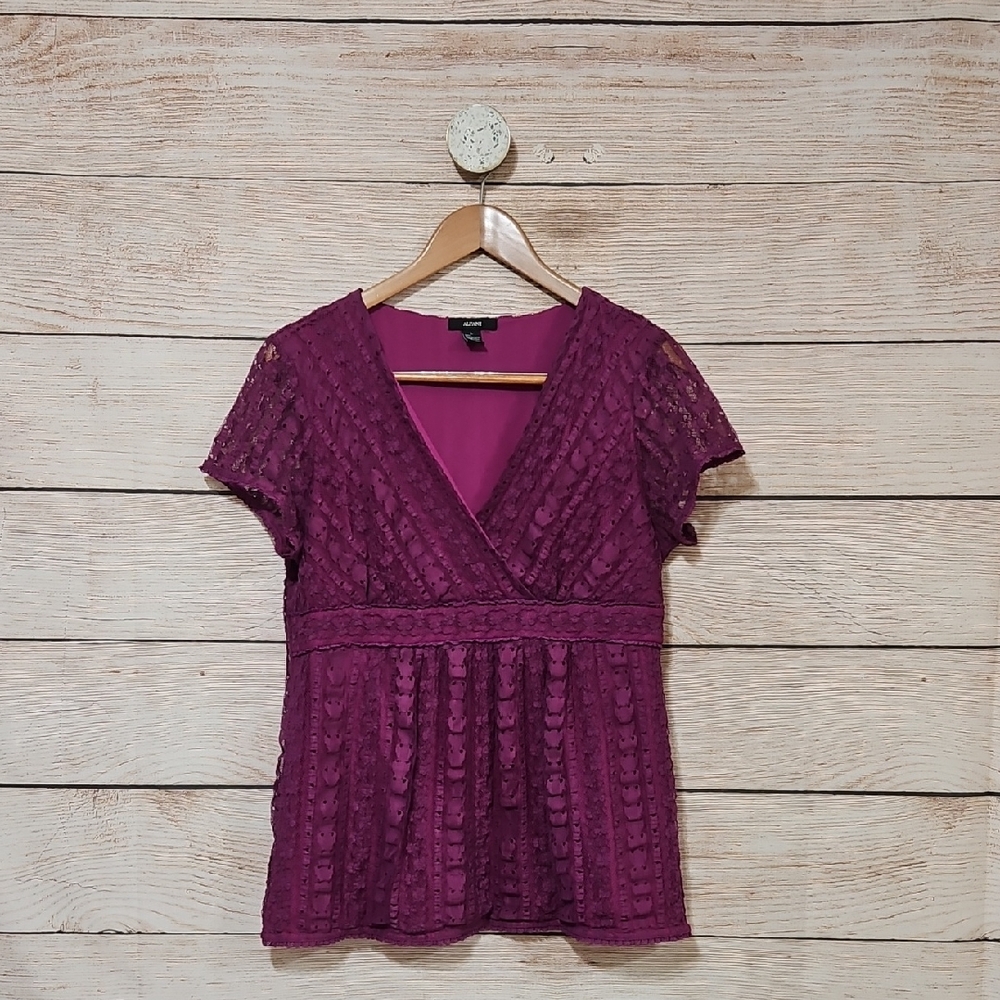 Alfani Deep Purple Lace Women's Short Sleeve Blouse Large